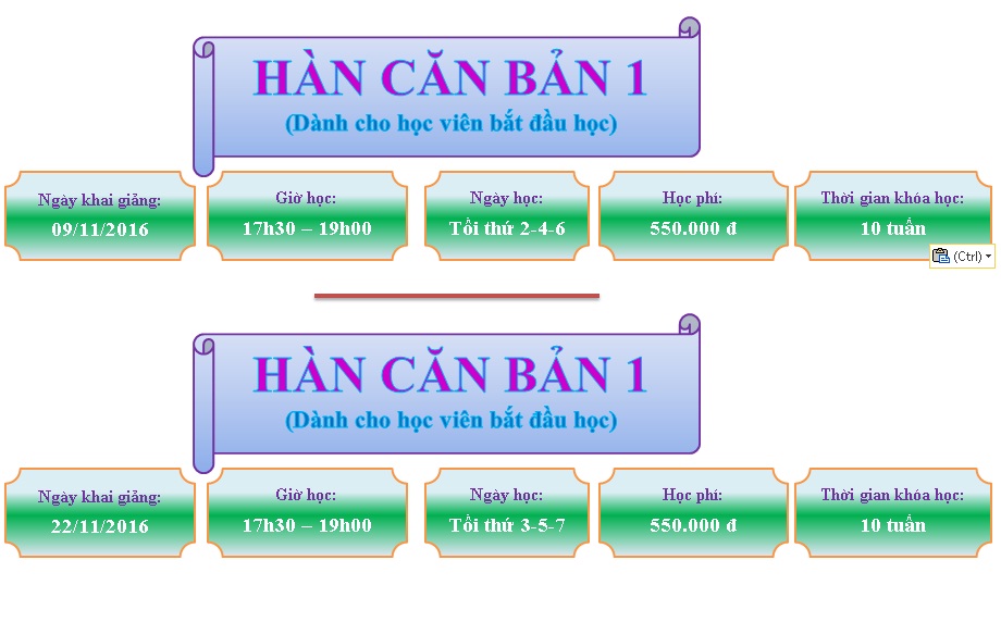 Lịch khai giảng lớp Tiếng Hàn căn bản 1