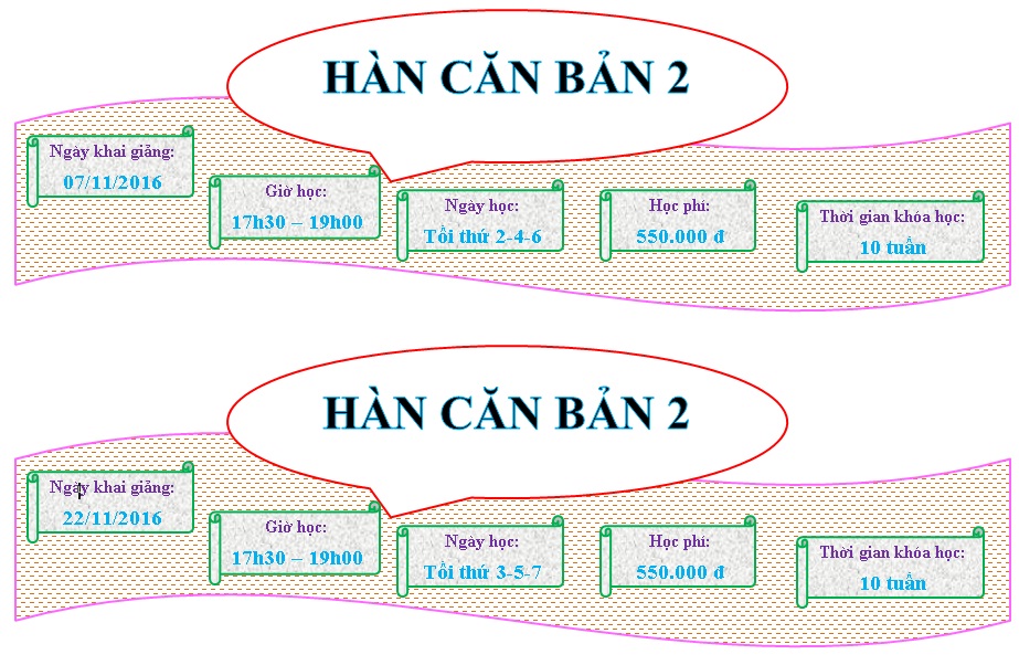 Lịch khai giảng lớp Tiếng Hàn căn bản 2