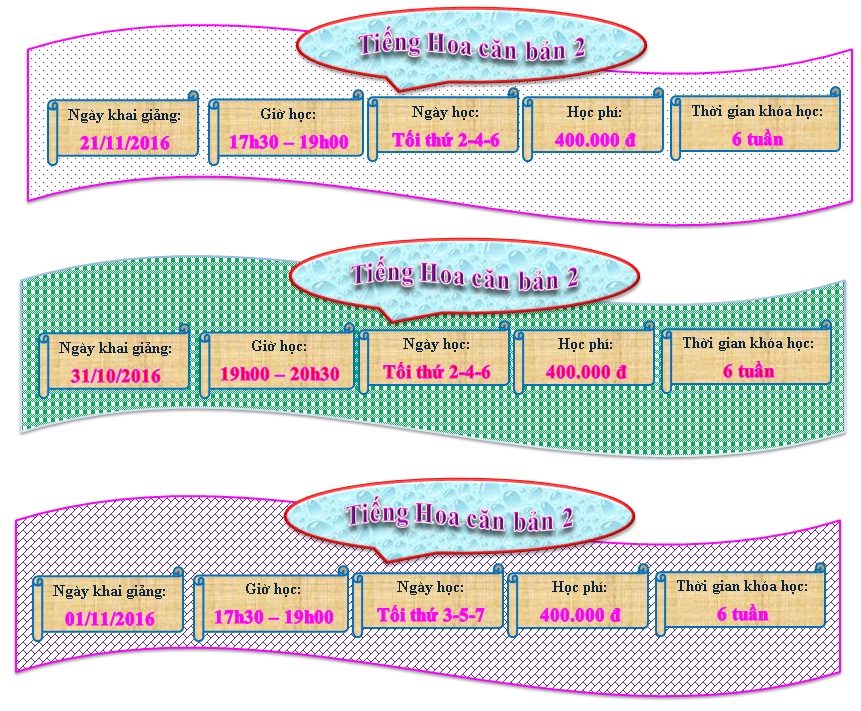 Lịch khai giảng lớp Tiếng Hoa căn bản 2