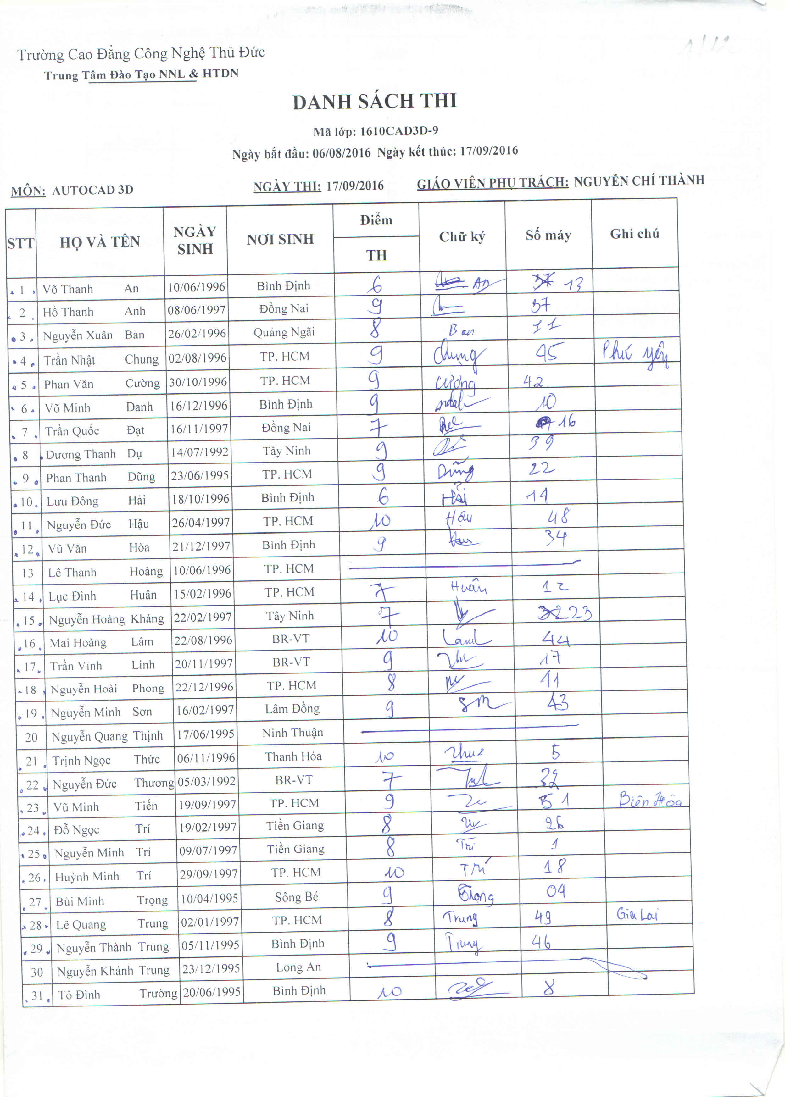 Điểm thi lớp Cad3d_ Thầy Tân Mã lớp: 1610cad3d-4