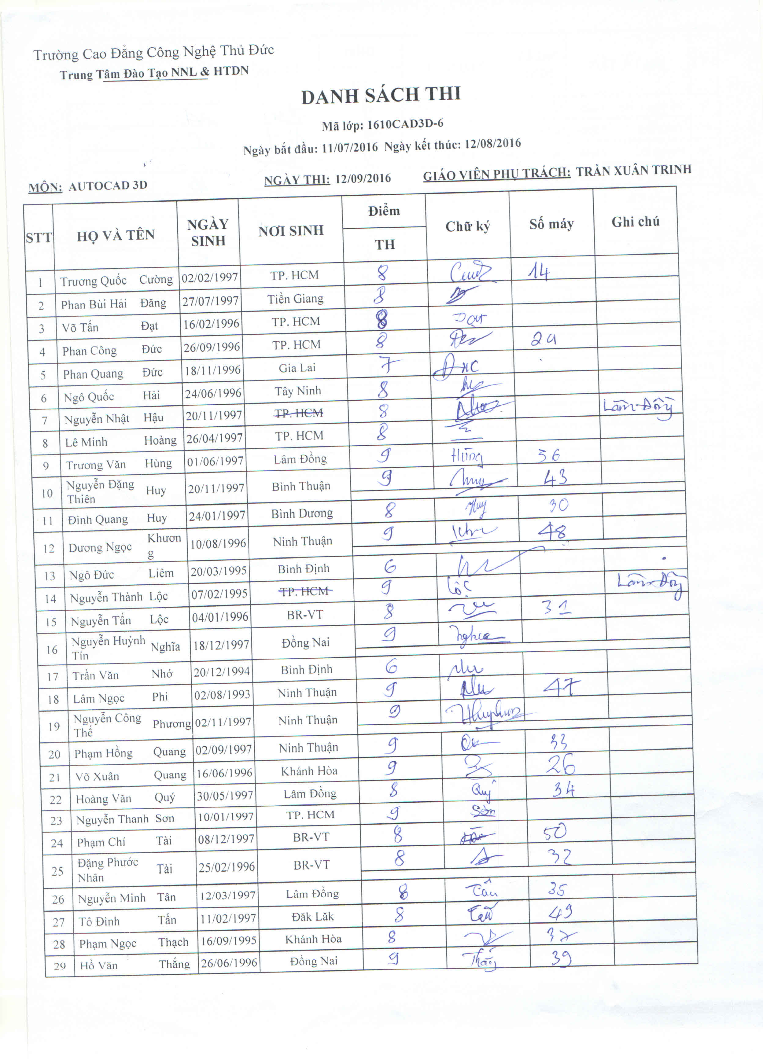 Điểm thi lớp Cad3d_ Thầy TrinhMã lớp: 1610cad3d-6