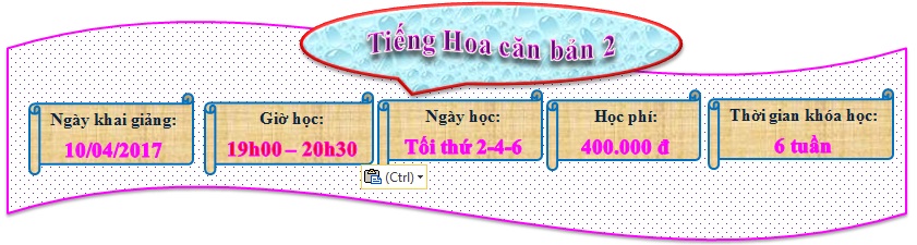 Lịch khai giảng lớp Tiếng Hoa căn bản 2