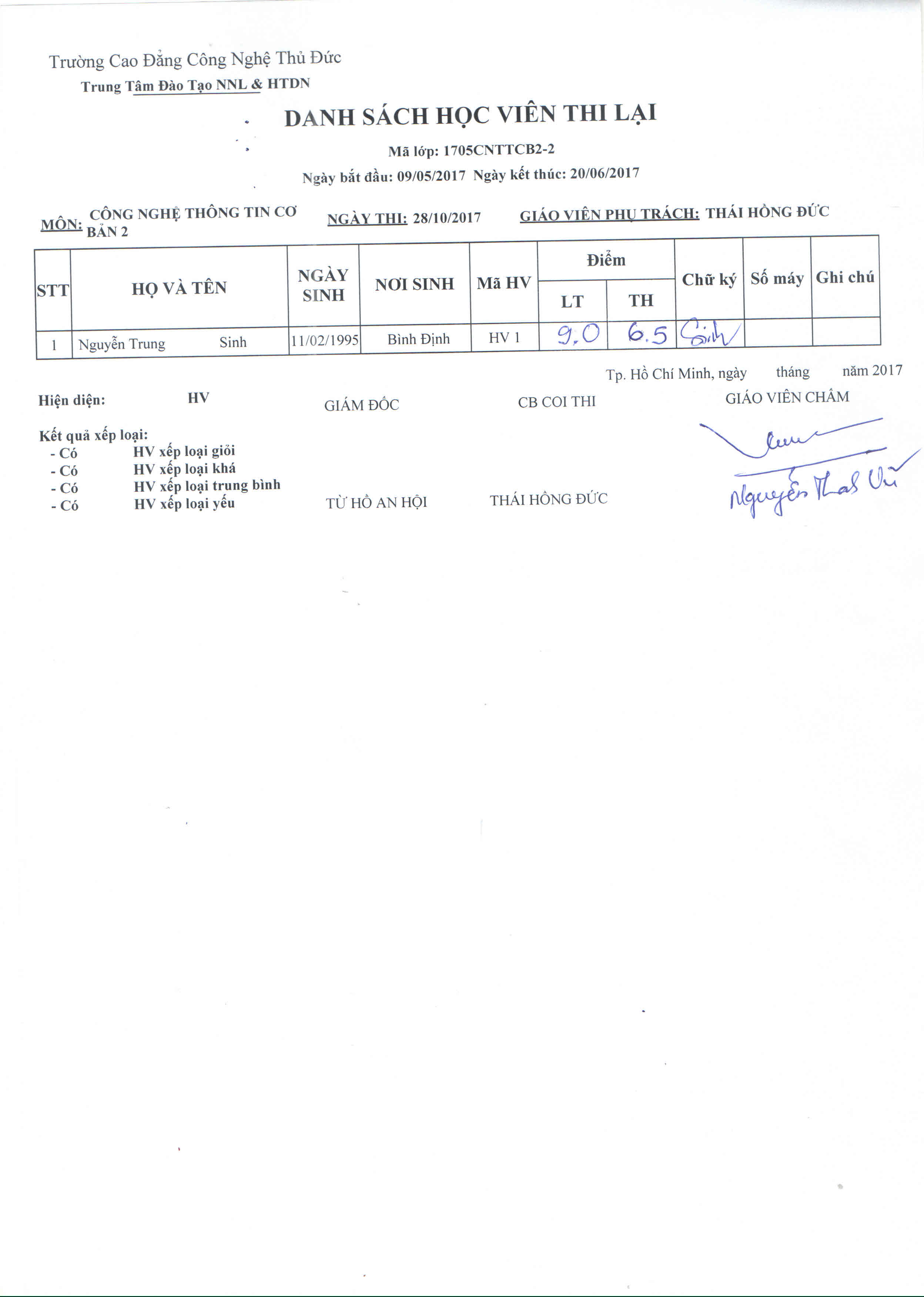 Điểm thi lớp công nghệ thông tin CB2 Thầy Vũ 28/10/17